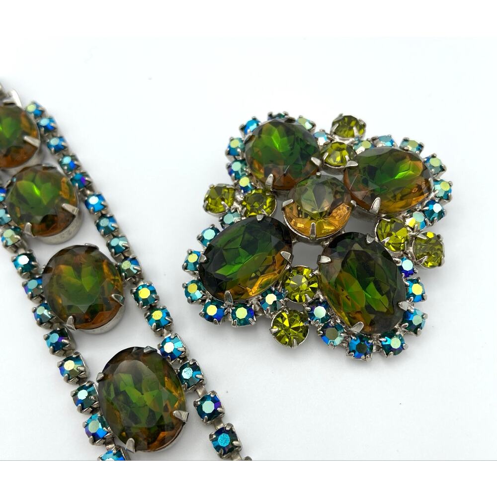 Vintage Watermelon Rhinestone Brooch Bracelet Set Green Brown Vitrail Heliotrope